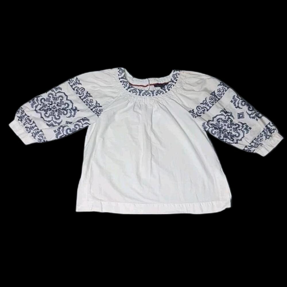 Tommy Hilfiger Puffed Sleeve Blouse Womens Size SP White Blue Embroidered...